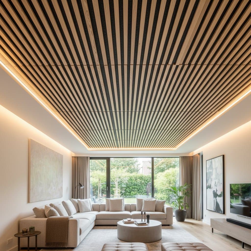 Image for DIY Slat Ceiling Cuts Echo Without Lowering Height